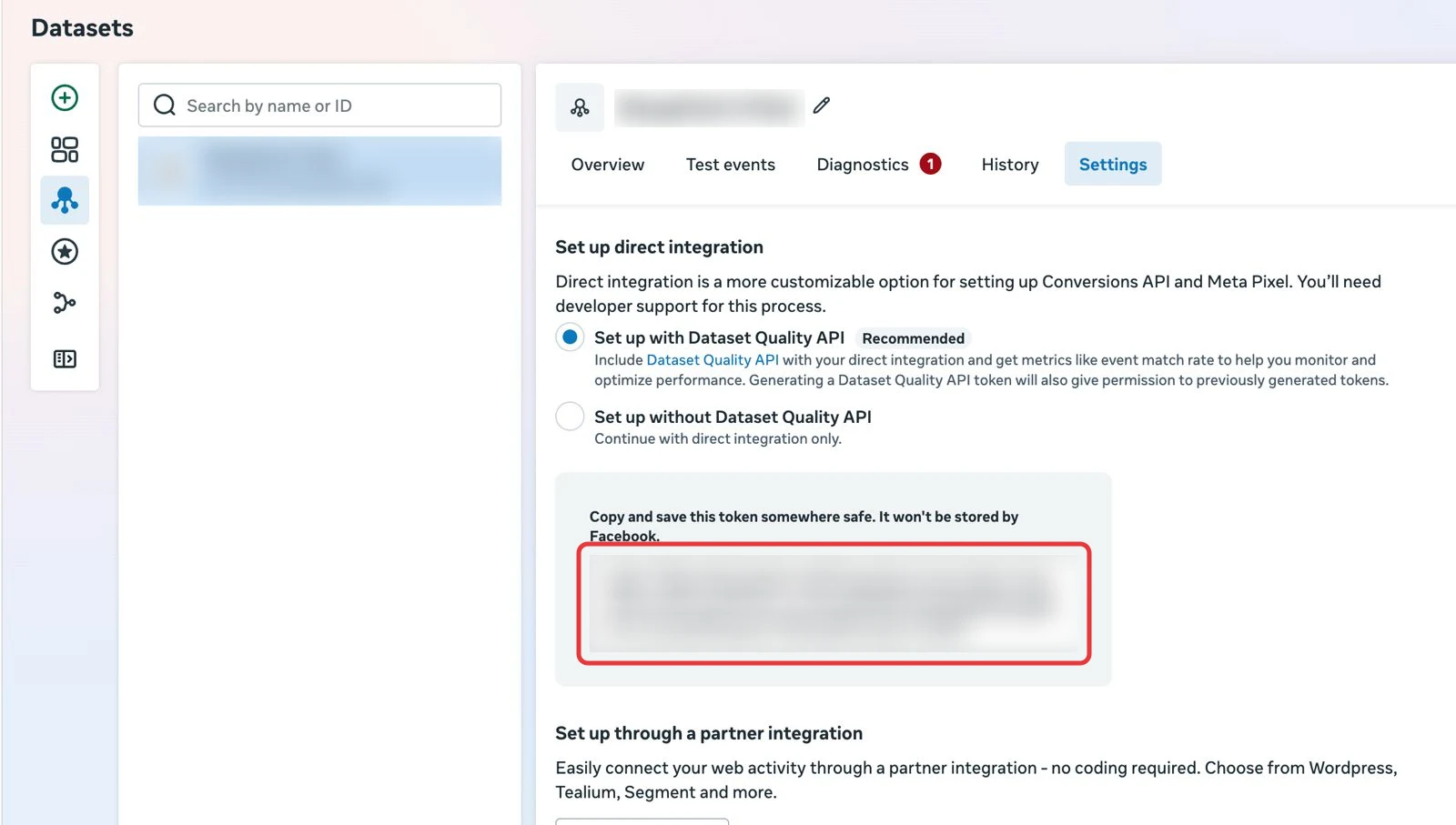 The generated access token box in Events Manager, outlined in red, with the token blurred