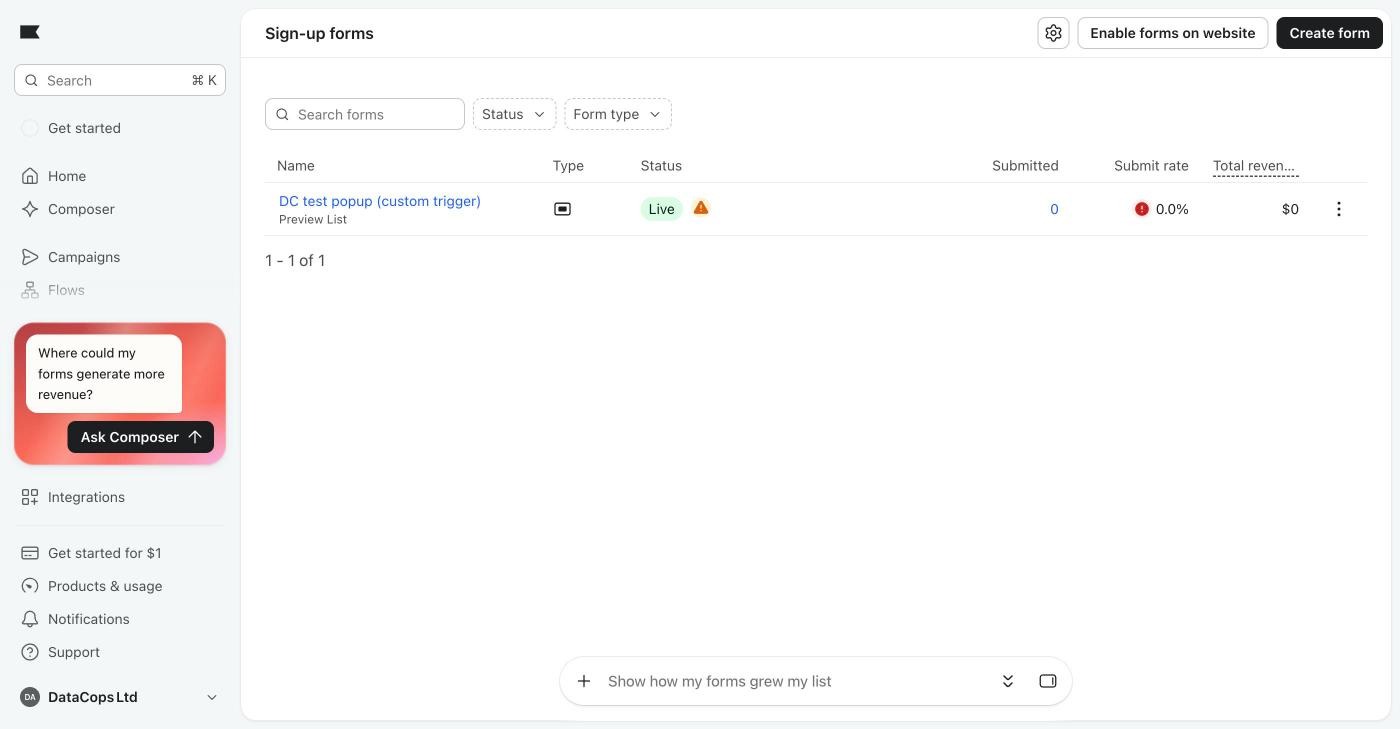Klaviyo Sign-up forms list showing the form "DC test popup (custom trigger)" with the status Live