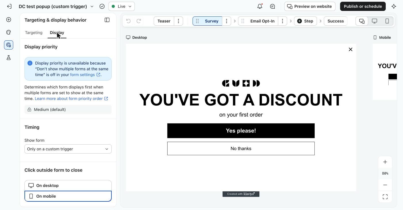 Klaviyo form editor, Targeting and display behavior panel, Display tab, Timing, Show form set to Only on a custom trigger
