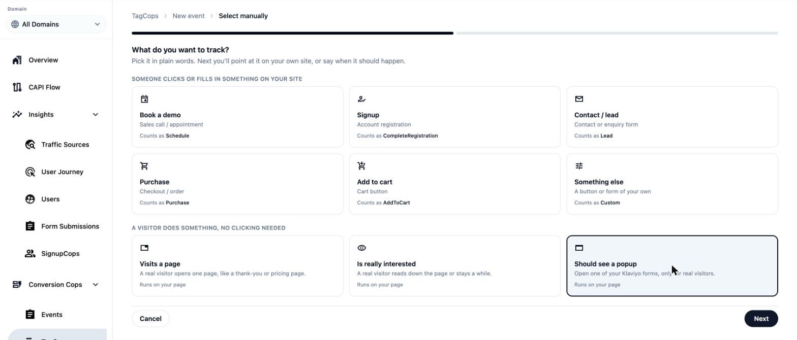 What do you want to track screen, last row: the goal Should see a popup selected, and the Next button