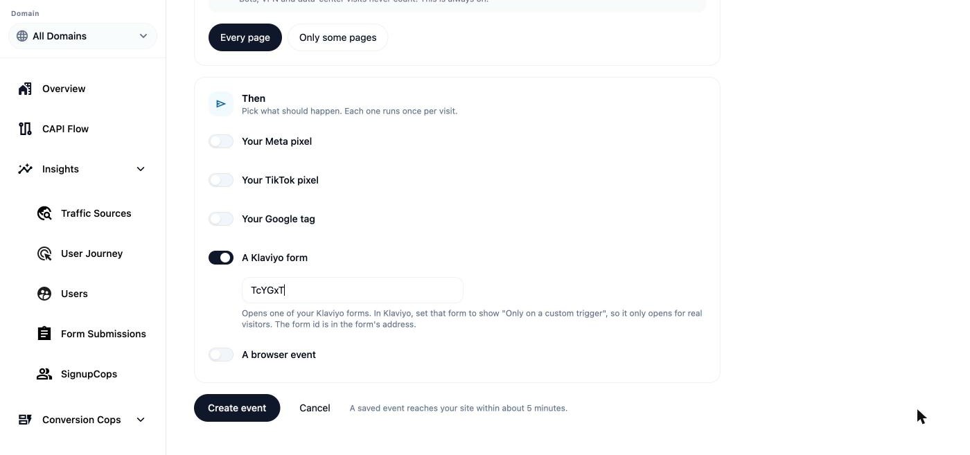 The bottom of the Then card with A Klaviyo form turned on and the Create event button, with the note that a saved event reaches your site within about 5 minutes