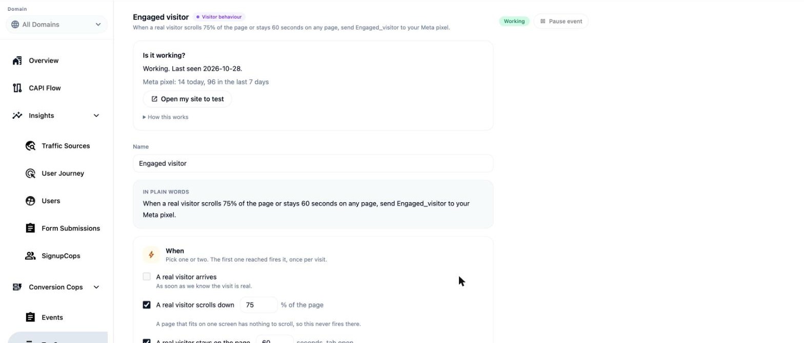 An event page in TagCops with the Is it working box saying Working, last seen, and the Meta pixel count today and in the last 7 days